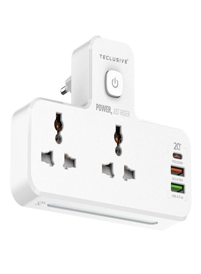 T Teclusive 2500W 10A Extension Power Strip with USB Ports | 2 Power Socket with 20W Type C USB PD QC 3.0 Fast Charging | Multi Port Extension with Touch Night Lamp - Image 1